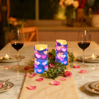 Valentines Flameless Candles Set of 2 Pink Blue Heart Neon Pattern Realistic LED Candles with Remote Battery Operated Holiday Decorations