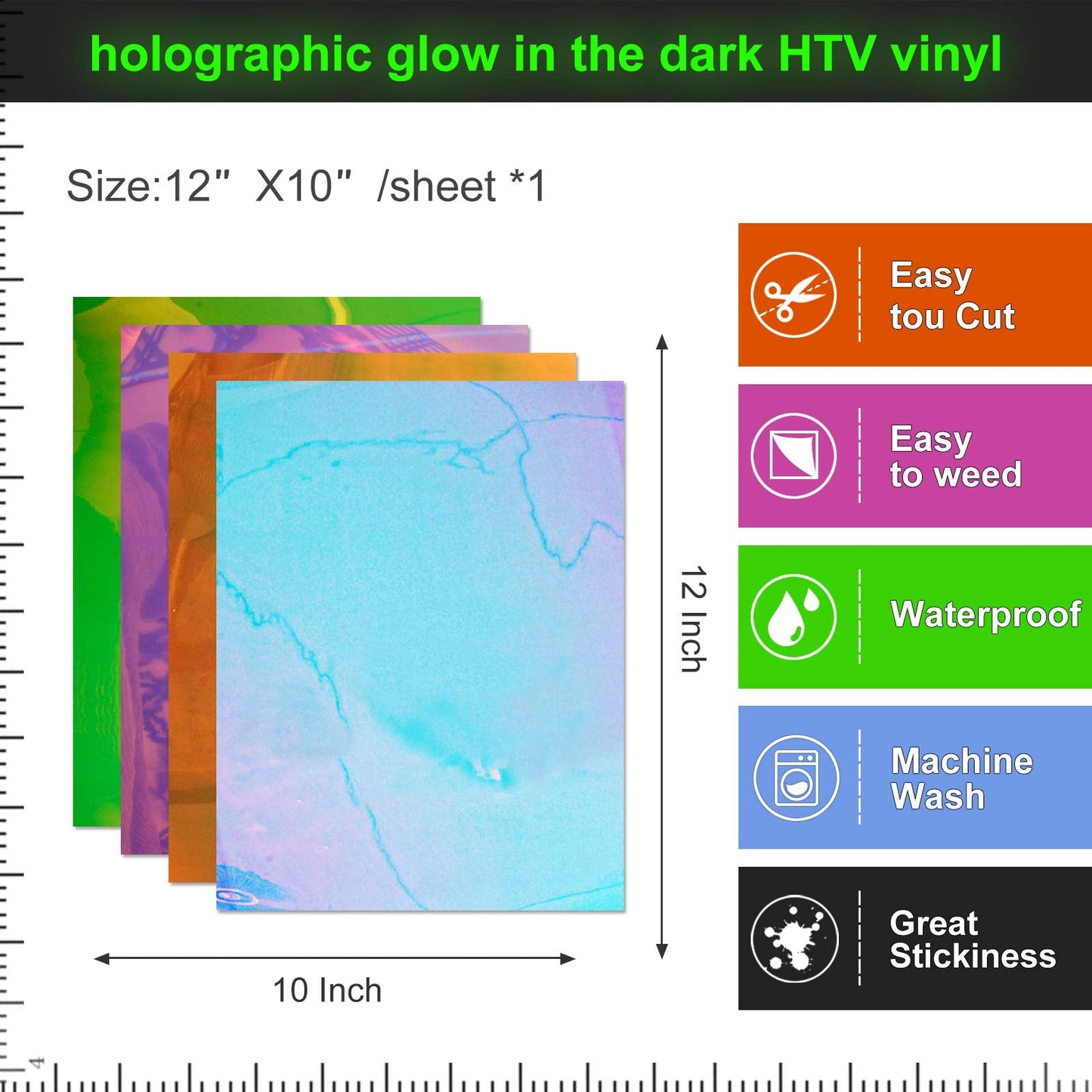 Holographic Glow in The Dark Heat Transfer Iron on Vinyl - 4 Pack 12" x 10" Luminous Chameleon HTV Vinyl Bundle Sheets for T-Shirts (4 Colors)