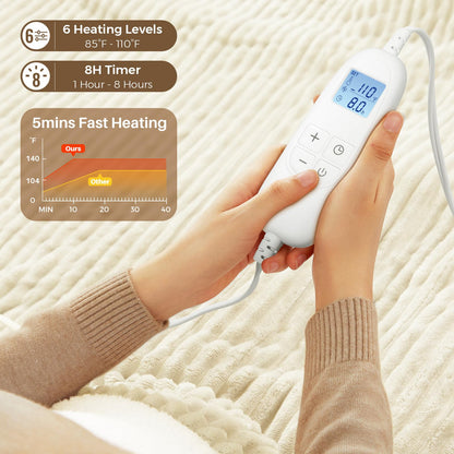 Electric Heated Blanket Queen Size, Fast Heating Soft Flannel Heated Blanket 84x90 inch with 8H Timer, 6 Heating Levels, Machine Washable, ETL & FCC Certified (Beige)