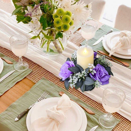 2 Pack Artificial Rose Candle Rings,Floral Wreaths with Eucalyptus Leaves Greenery Garland for Pillar Candle Lantern Wedding Centerpiece Party Home Table Decor (Purple)
