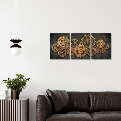 iHAPPYWALL 3 Pieces Abstract Gear Wheel Canvas Wall Art Industrial Steampunk Mechanical Picture Teamwork Gift for Bedroom Home Office Cafe Bar Decor Ready to Hang 16x12inchx3pcs