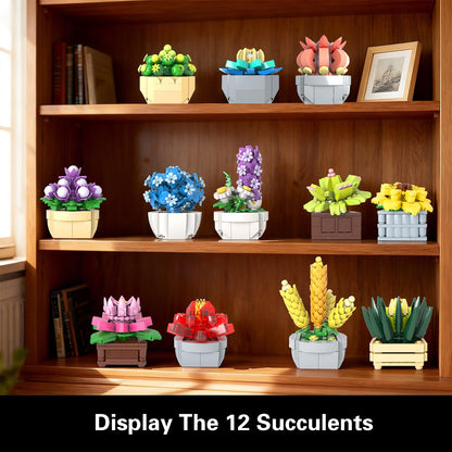 Flowers Succulents Building Sets, 12 Tiny Plants, Office Home Decor Botanical Collection Building Block Toy, Creative Birthday Housewarming Gifts, Artificial Plant Kit for Kids Adults Women (1174 PCS)