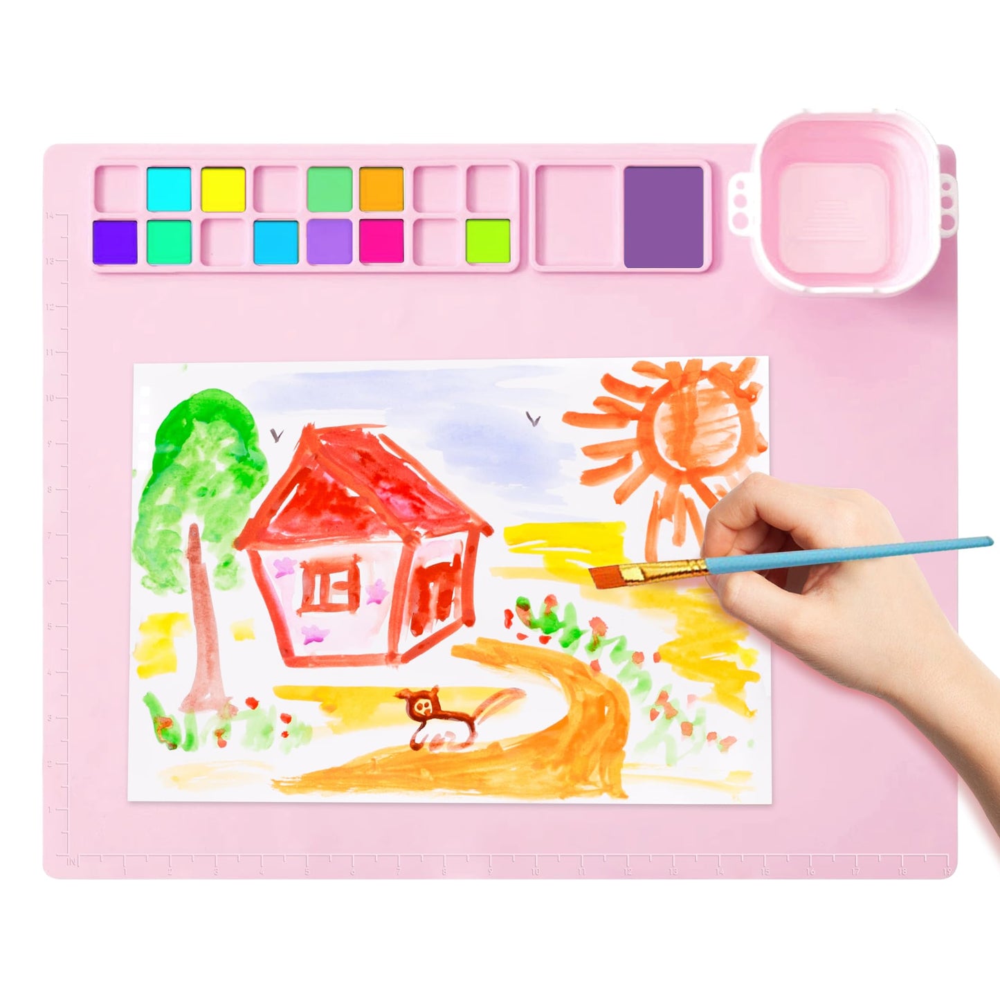 MEKOTRIN Silicone Painting Mat, 20"X16" Art Mat with Cup and Palettes, Silicone Craft Mat has 16 Color Dividers, Paint Mat for Artist Clay DIY Creations(Pink)