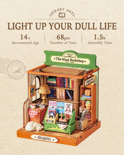 Rolife DIY Mini Building House Miniature Kit-The Muse Bookshop, Miniature Lifestyle Mini Bookshelf Decoration, DIY Hobbies/Gifts for Craftsman (The Muse Bookshop)