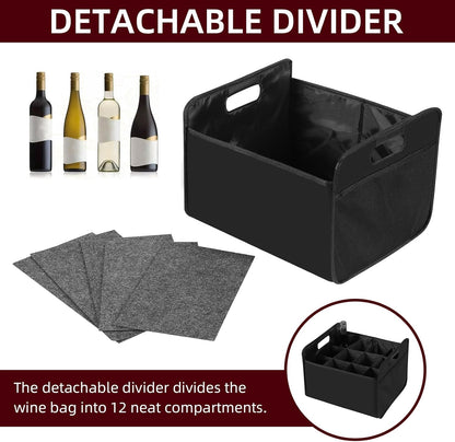 12 Bottle Wine Carrier - Collapsible Premium Felt Tote with Handles for Travel, Party, Picnic, Black