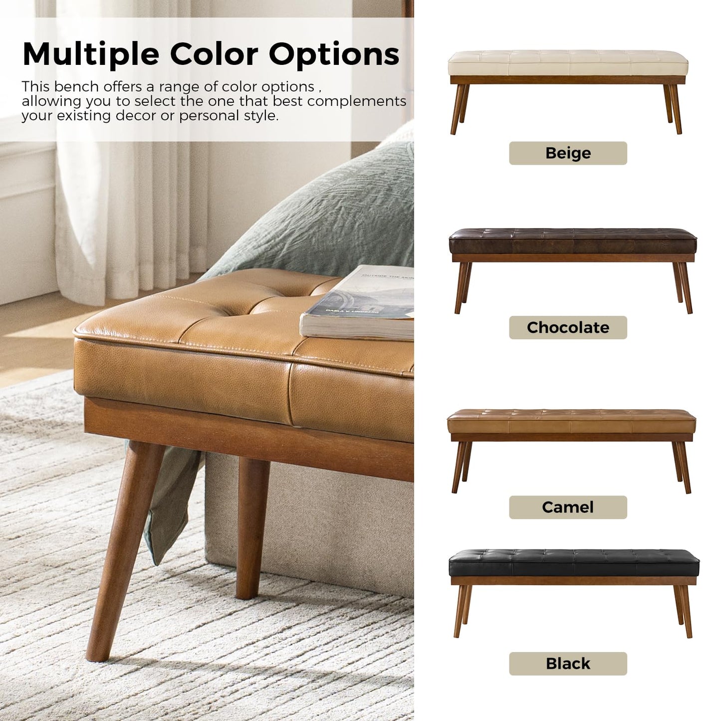 HULALA HOME 55.5" Genuine Leather Bench, Button-Tufted Entryway Bench with Solid Wood Legs, Upholstered End of Bed Bench for Bedroom, Camel