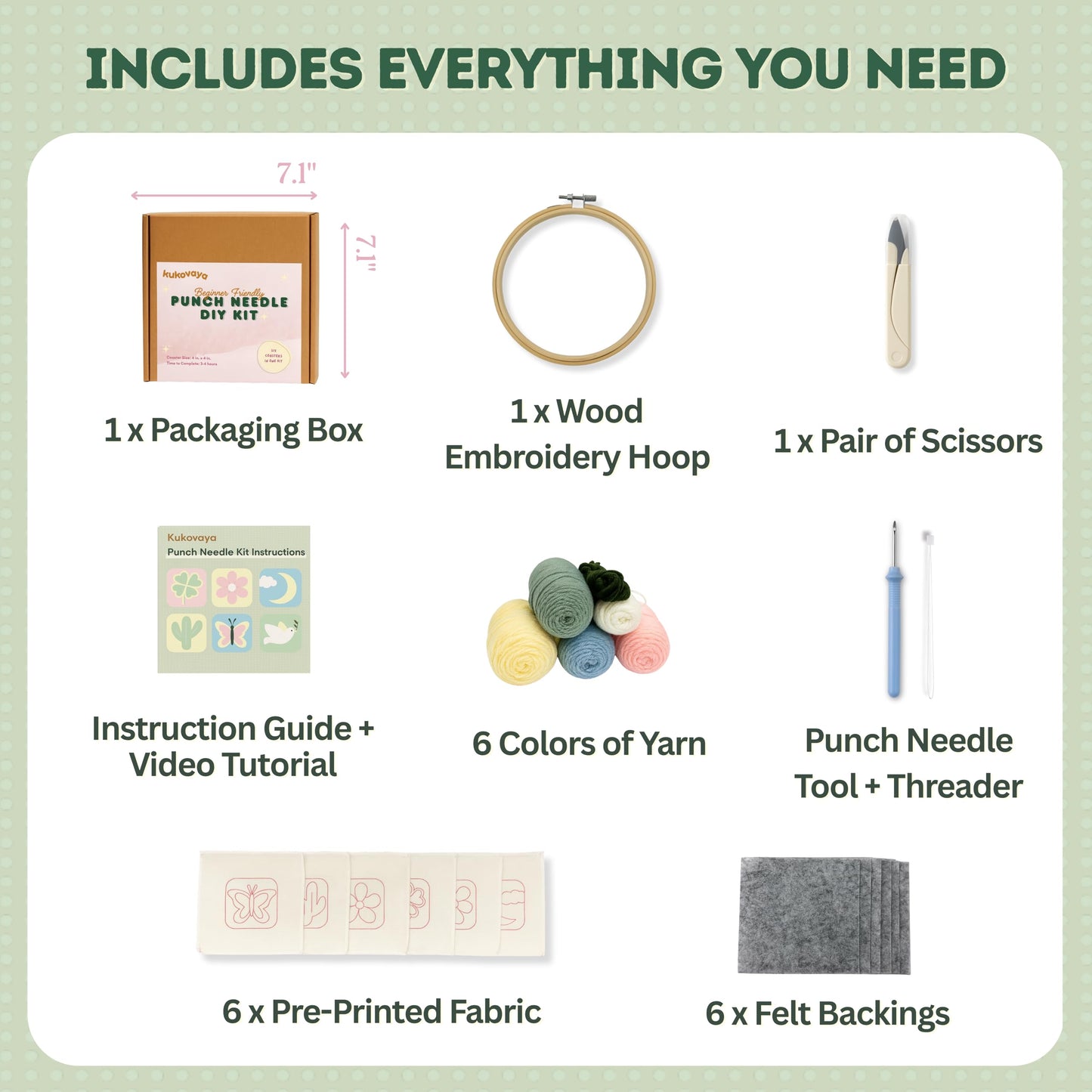 Kukovaya Punch Needle Kit for Beginners & Adults; Complete DIY Embroidery 6-Coaster Kit with Printed Fabric, Yarn, Needle, Hoop & Guide Easy Craft Kit for Home Decor, Gifts & Stress Relief