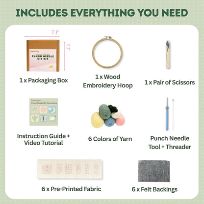 Kukovaya Punch Needle Kit for Beginners & Adults; Complete DIY Embroidery 6-Coaster Kit with Printed Fabric, Yarn, Needle, Hoop & Guide Easy Craft Kit for Home Decor, Gifts & Stress Relief