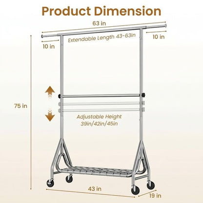 JIEJIERUI Heavy Duty Clothes Rack for Hanging Clothes, Double Rods Clothing Rack with Lockable Wheels, Rolling Garment Racks with Shelf, Easy to Assemble, Silver