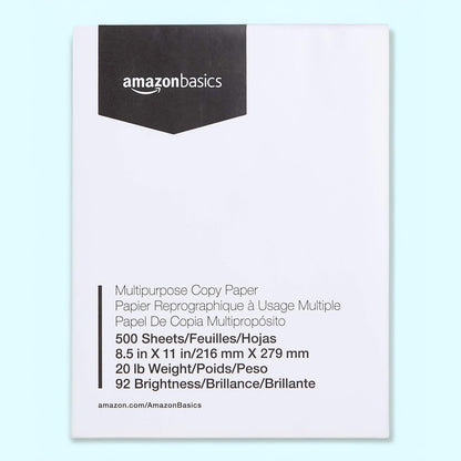 Amazon Basics Multipurpose Copy Printer Paper, 8.5 x 11 Inches, 20 lb, 1 Ream, (500 Sheets), 92 Bright, White