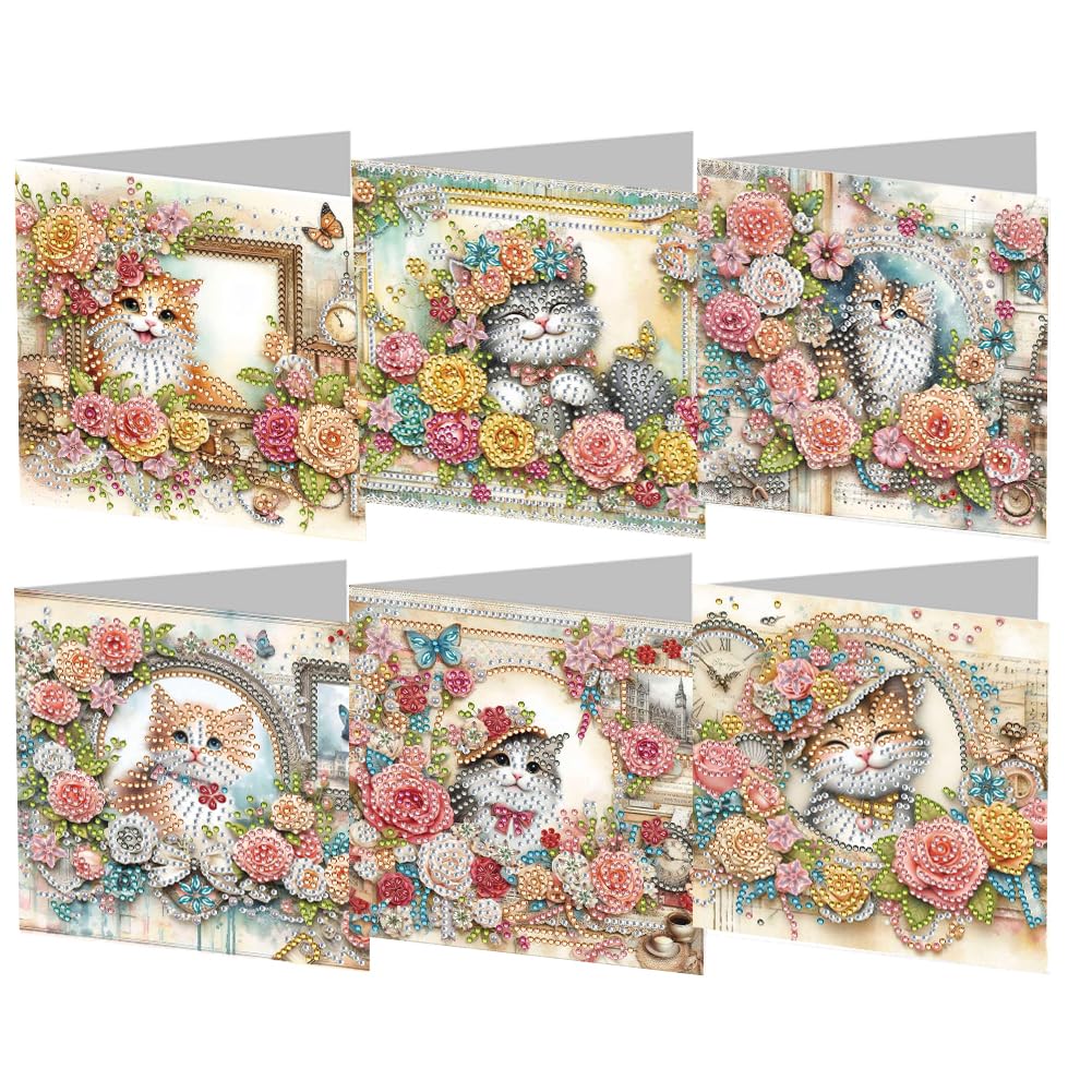 6 Pack 5D DIY Diamond Painting Cat Garden Greeting Card Kit, Diamond Art Christmas Birthday Holiday Greeting Card, Art Crafts Kit Creative with Envelope