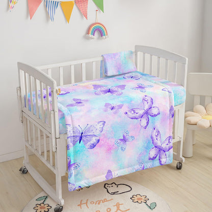 Datura Home Crib Bedding Set, 3-Piece Nursery Crib Bundle with Comforter, Crib Sheet & Skirt, Watercolor Butterfly Printed Bedding for Baby Boys & Girls (Butterfly Purple)