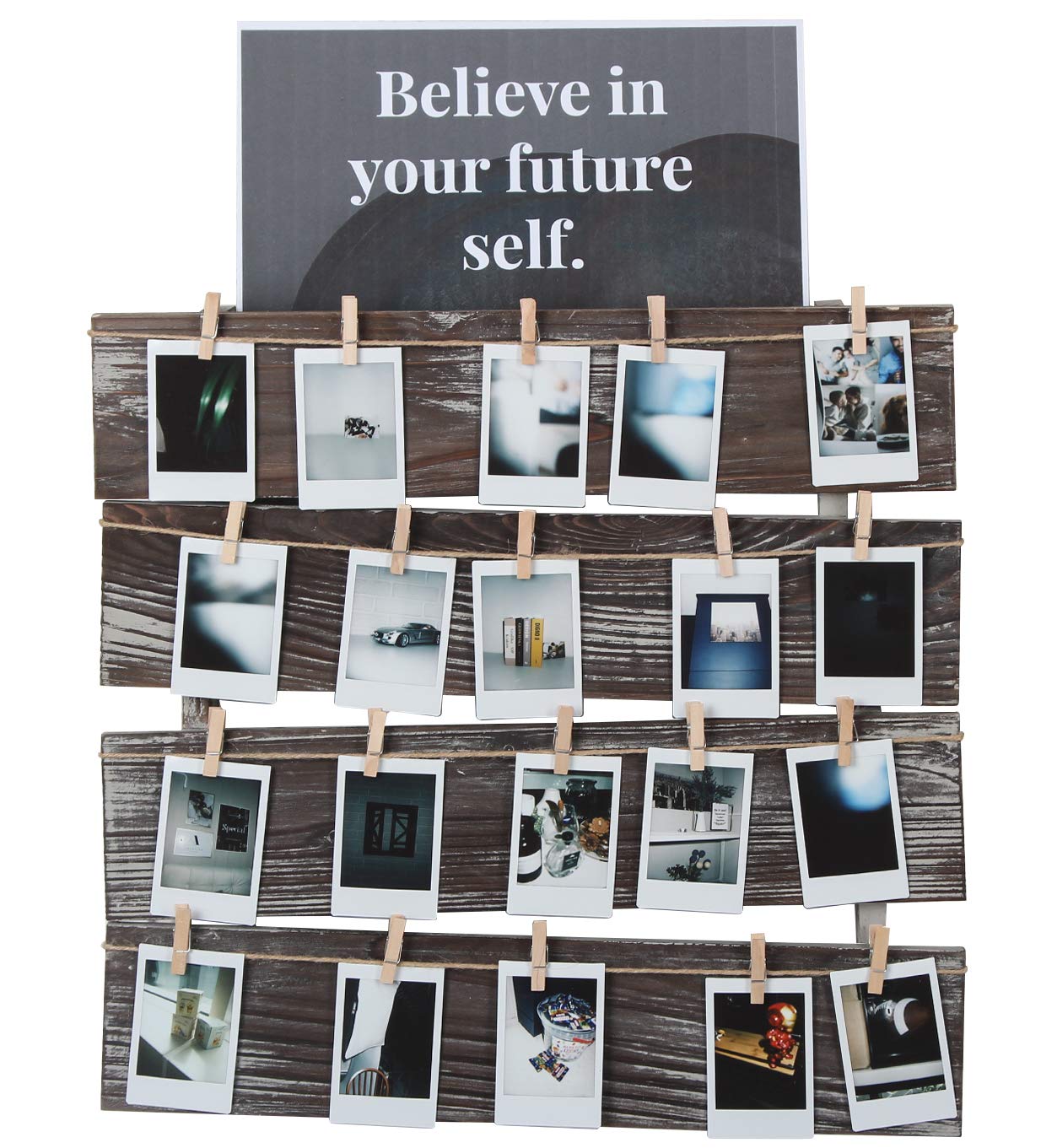 J JACKCUBE DESIGN Wall Mount Rustic Wood Clip Photo Holder, Photo Collage Frame for Multi Photo Display Wall Décor with 24 Clips 17.5 X 17.3inch - MK558A