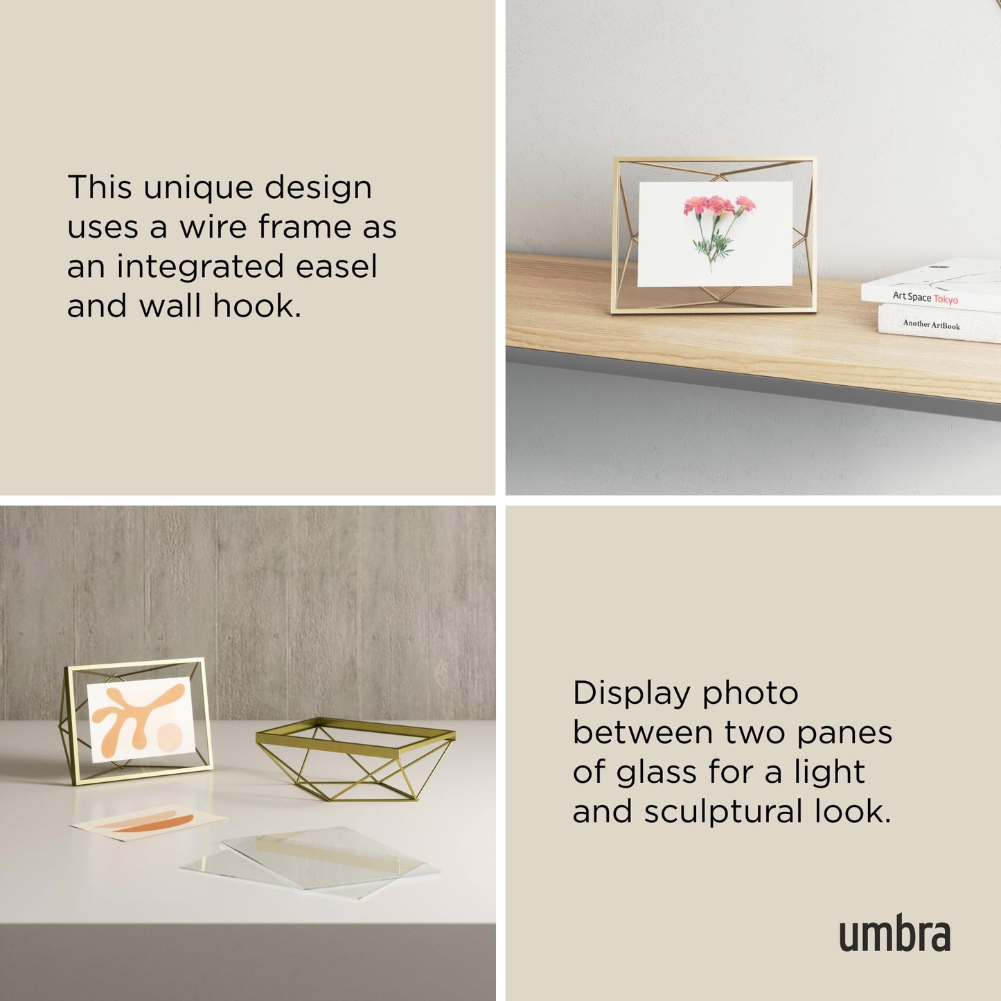 Umbra Prisma 4x6 Picture Frame, Metal Floating Wall or Desk Photo Display for Pictures, Art, Illustrations, and More, Brass