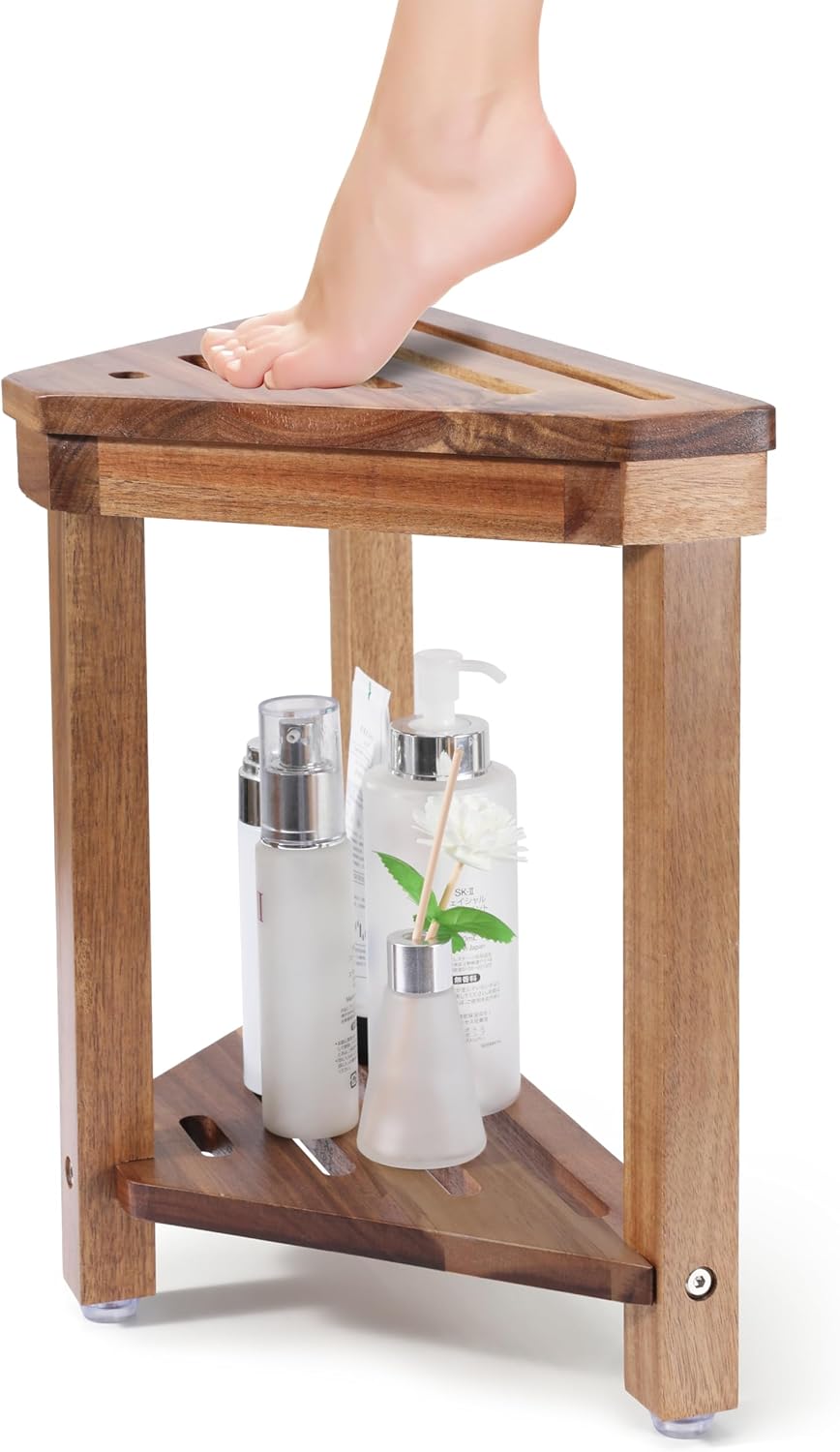 14in, Boulphia Shower Foot Rest Acacia Wood Shower Stool for Shaving Legs, Waterproof Corner Shower Stool with Storage