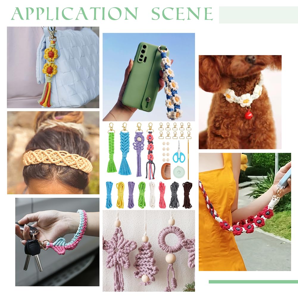 INFUNLY 8 Set Macrame Keychain DIY Kits Mini Boho Keychains Bag Charms Macrame Keychain Bracelet with Tassels for Car Key Purse Phone Instruction Included