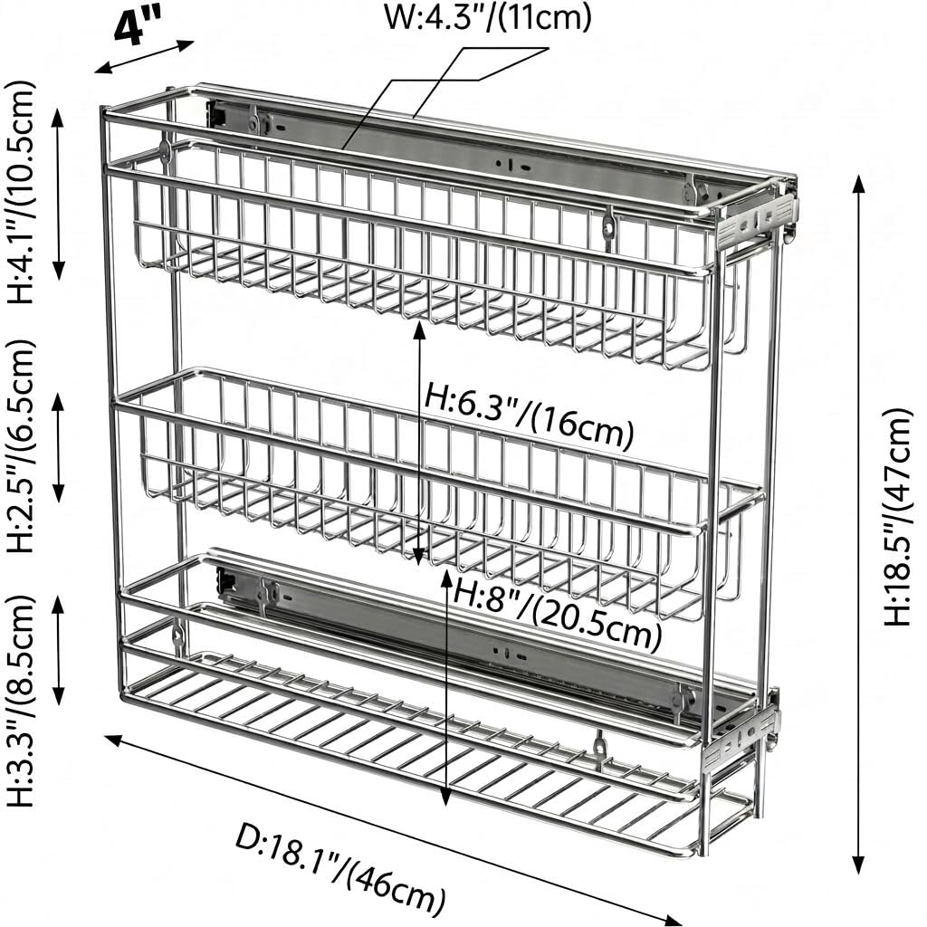 JOWBOOW Narrow Pull Out Cabinet Organizer, 4" Skinny Side Mount Spice Rack for Frameless Cabinets, Heavy Duty 3-Tier Zero Wobble Slide Out Shelf