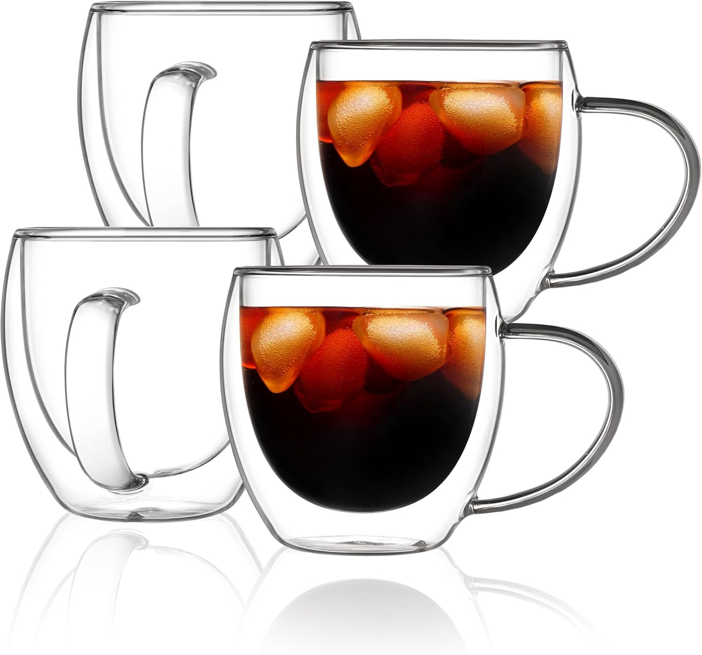 12oz(4-pack) CNGLASS Double Walled Glass Coffee Mugs,Insulated Glass Mugs with Handle,Clear Espresso Cups