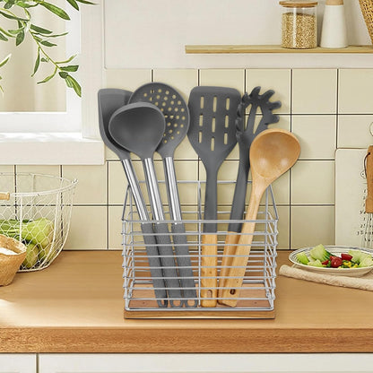 Utensil Holder for Kitchen Counter, Metal Rack for Cooking Tools Storage, Sturdy Base with Drainage Hole (Chrome Wooden)