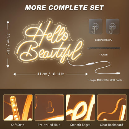 LooKLight Hello Beautiul Neon Sign,Warm White Neon Light Sign,Letters Wedding Neon Signs for Wall Decor,USB Powered Led Light Up Signs For Wedding Party Bedroom Birthday Beauty Salon