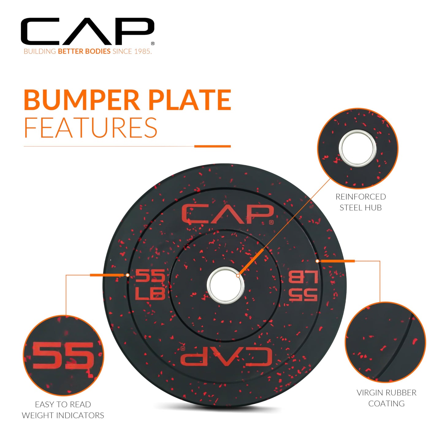 CAP Barbell Economy - Speckled Olympic Bumper Plate Set with Color Logo, Black, 370 lbs Set