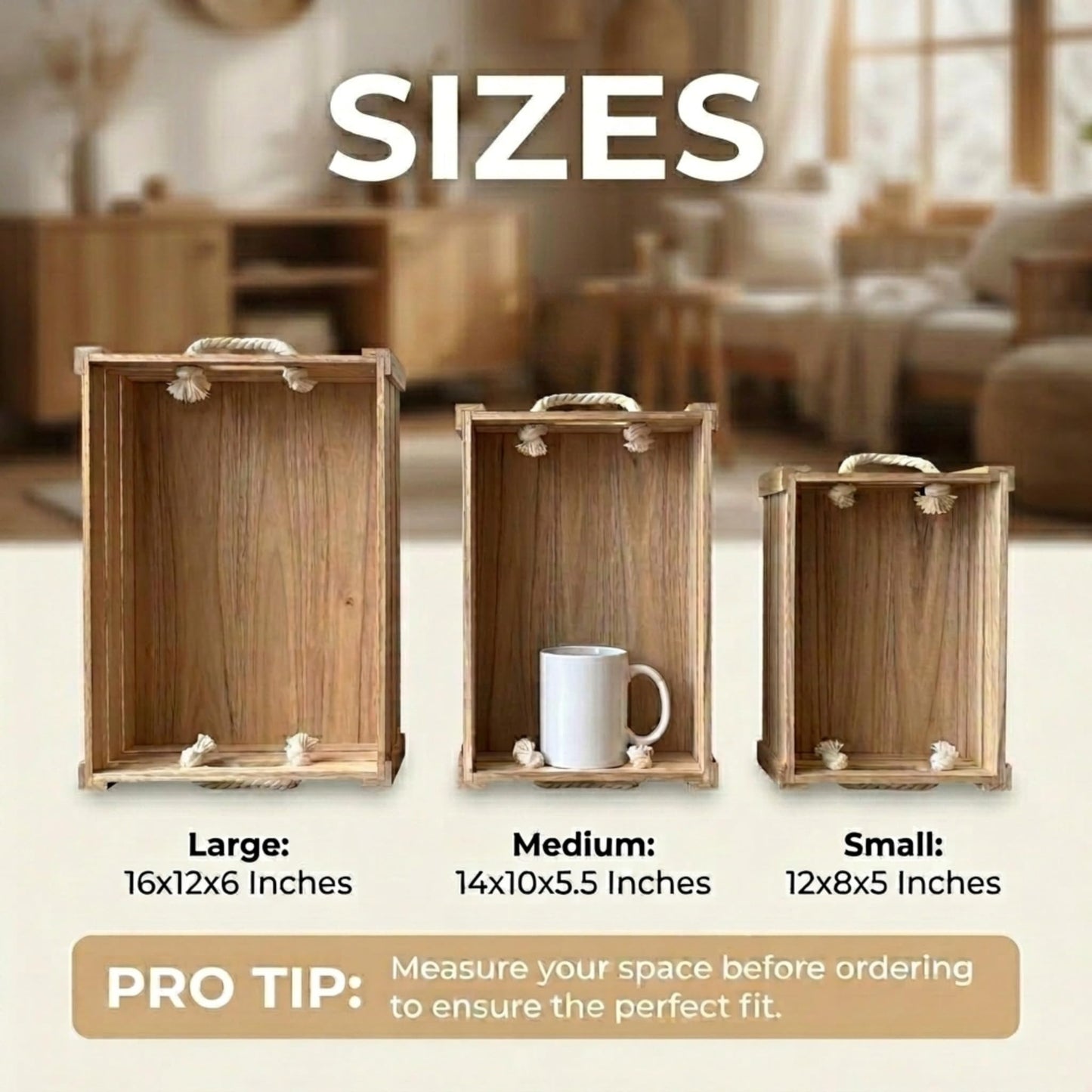 Set of 3 Rustic Nested Wooden Crates with Rope Handles - Decorative Farmhouse Storage Boxes for Kitchen, Living Room & Bathroom - Modern Wood Grain Home Organization