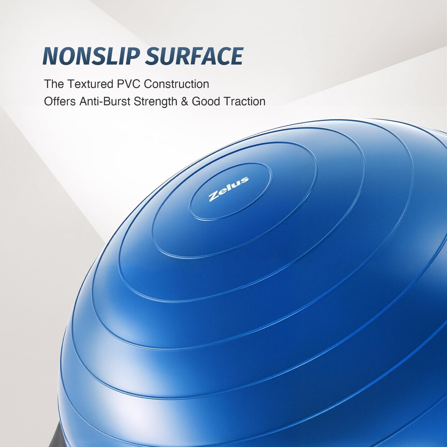 ZELUS 25in. Balance Ball | 600lb Inflatable Half Exercise Ball Wobble Board Balance Trainer w Nonslip Base | Half Yoga Ball Strength Training Equipment w 2 Bands, Pump, Extra Ball Included (Blue)