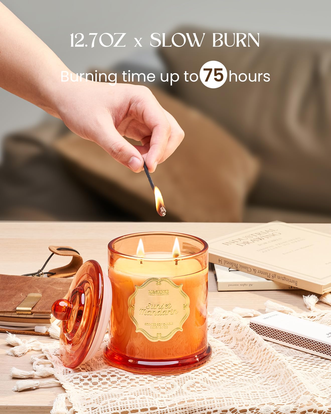 M&SENSE Citrus Candles for Home Scented, Natural Organic Soy Candle 12.7oz 75 Hour Long Lasting Slow Burning, Mandarin Fragrant Double Wick Jar Candle Fresh Smelling for Bathroom