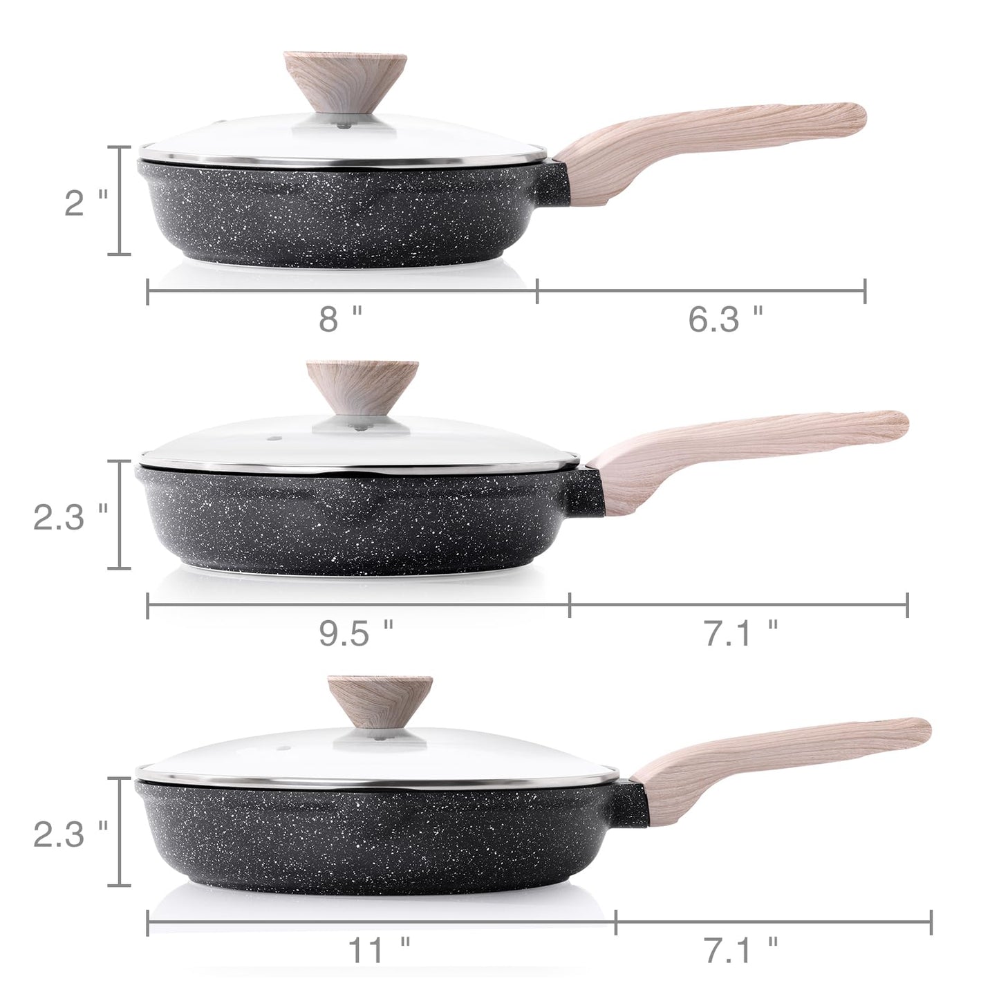 Kordisen Nonstick Frying Pan Set with Lids, 3 Piece Skillet Set, Healthy Induction Cooking Pan, Stay-Cool Handle, Compatible with All Stovetops, PFOA Free (8, 9.5, 11 Inch)