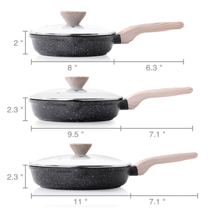 Kordisen Nonstick Frying Pan Set with Lids, 3 Piece Skillet Set, Healthy Induction Cooking Pan, Stay-Cool Handle, Compatible with All Stovetops, PFOA Free (8, 9.5, 11 Inch)