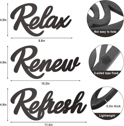 Skiennix Black Wooden Bathroom Sign - 3-Piece Wall Art Set for Farmhouse Decor | Relax, Renew, Refresh