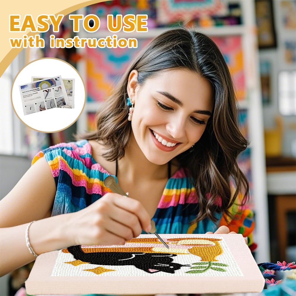Doodlream Cat on Books Needle Kit for Beginner, 9.4"x 9.4" Coffee and Plant Punch Stitching Craft Set, Color DIY Embroidery Starter with Printed Frame, Instruction, Threader, Yarn, Pinch Needle