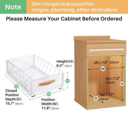 Pull out Cabinet Organizer,Heavy Duty Slide out Pantry Shelves Drawer Storage with Adhesive Nano Film,Sliding Mesh Cabinet Basket with Handle for Kitchen, Bathroom, Home, 11.8W" X 15.7"D X 6.2"H,White