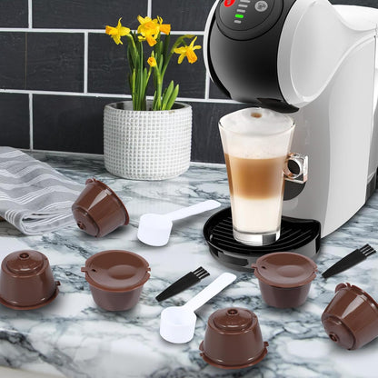 6 Pcs Refillable Coffee Pods Kit, 5.4x3.5 cm Food Grade PP Coffee Capsule with 2 Spoon and 2 Brush