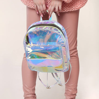 Abaodam Shiny Iridescent Backpack for Women Lightweight Transparent Holographic Travel Bag Small Student Bookbag 9X4X11 Inches