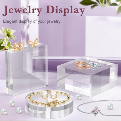 SAMYUCHO Acrylic Base Stand 2 Pieces Acrylic Blocks for Display 4 X 4 X 1 Inch Clear Polished Block Square Cube Riser Display Pedestal Stands for Jewelry Perfume Ring Collection Props Cake