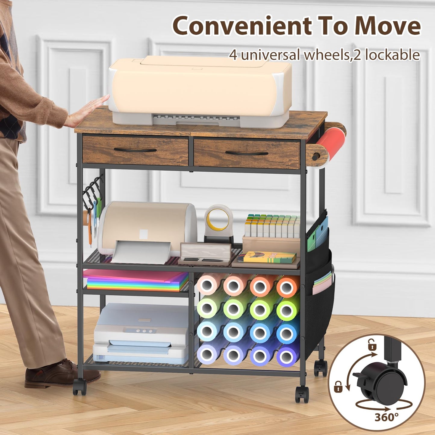 VEOSIR Craft Cart with Vinyl Roll Holder, Organizer & Storage Table for Cricut Machine with Drawer,Mobile Craft Organization and Storage Cart,Crafting Table Accessories Holder for Craft Room Brown