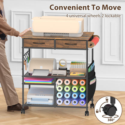 VEOSIR Craft Cart with Vinyl Roll Holder, Organizer & Storage Table for Cricut Machine with Drawer,Mobile Craft Organization and Storage Cart,Crafting Table Accessories Holder for Craft Room Brown