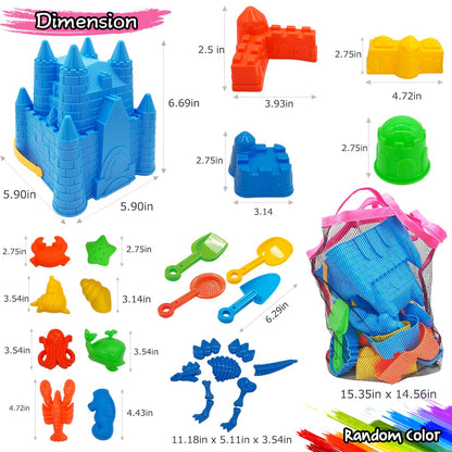 SupMLC Beach Toys, 27 Pcs Sandbox Toys for Kids, Sand Castle Building Kit, Sand Buckets, Collapsible Mesh Bag, Shovels, Dinosaur Molds – Travel Sand Toys for Boys Girls Age 3-10 Beach Accessories