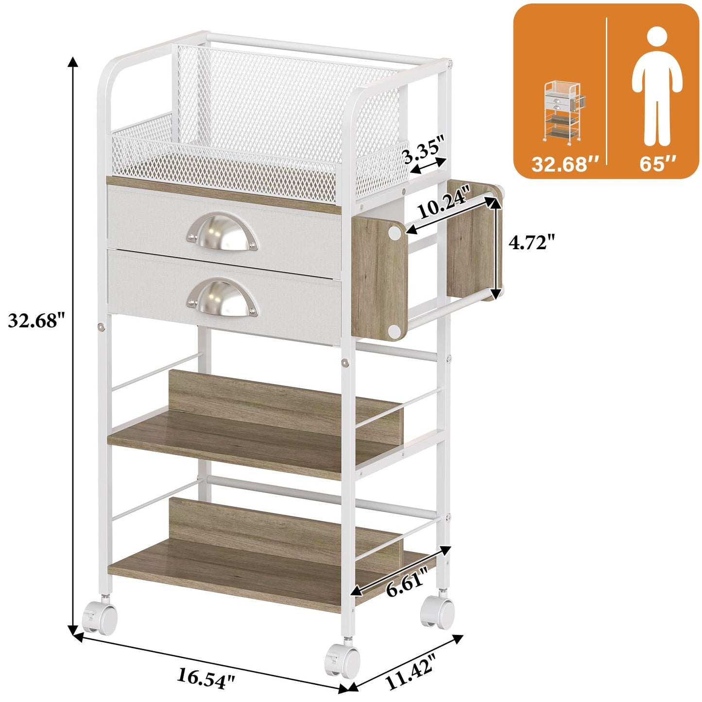 Rolling Craft Storage Cart with 2 Small Fabric Drawers & Lockable Wheels, DIY Organizer for Wrapping Paper, Paints, Brushes, Craft Supplies, Multi-Tier Craft Cart Tape Holder, 16.54x11.4x32.68 Inches