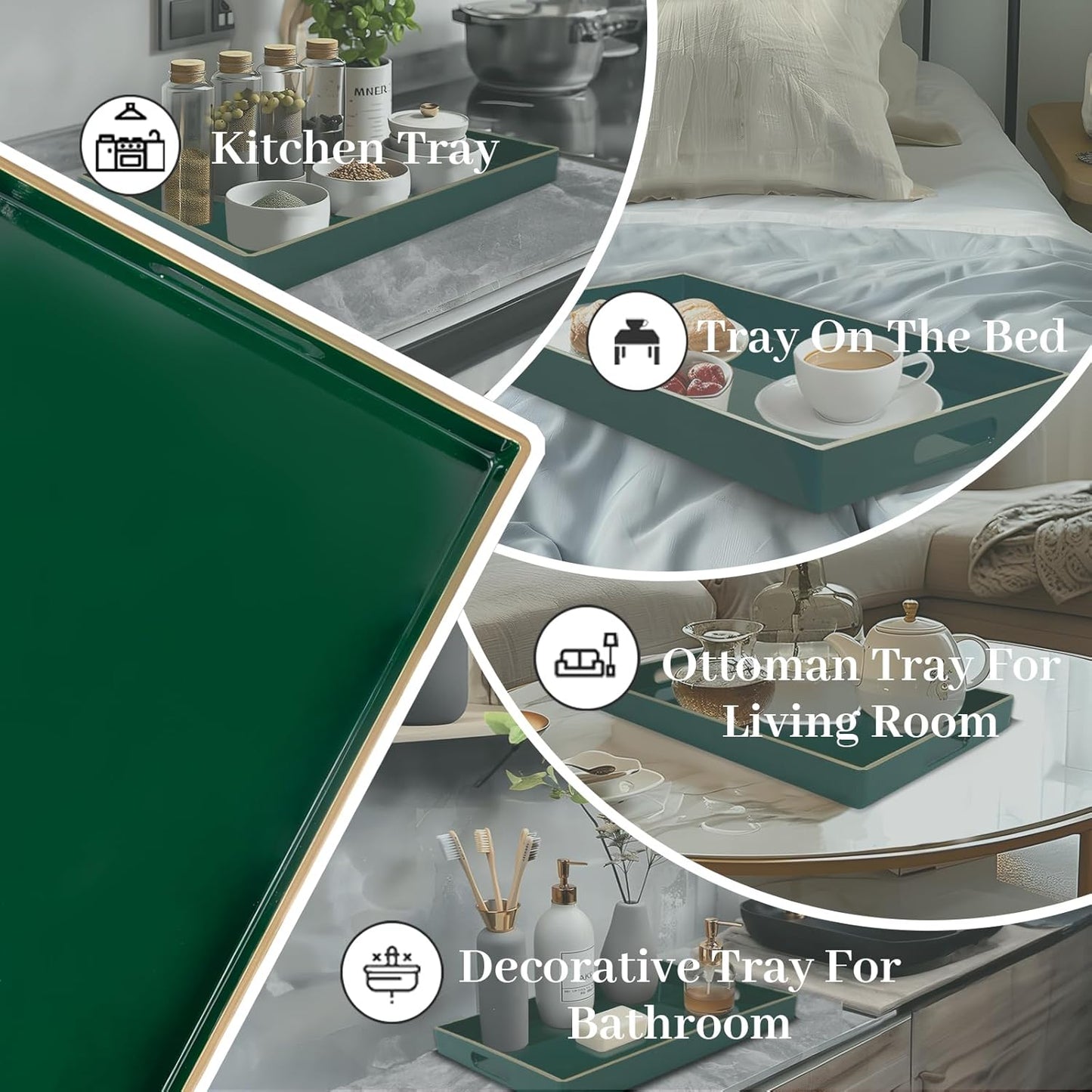 15.8" 10.2" 1.4" MAONAME Dark Green Decorative Tray, Serving Tray with Handles, Plastic Trays for Coffee Table