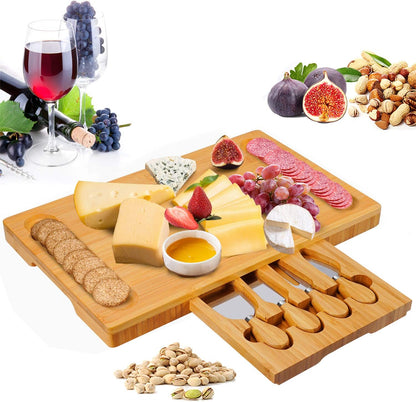 Bamboo Cheese Board and Knife Set, Wood Charcuterie Platter with Slid-Out Drawer for Wine, Meat & Crackers