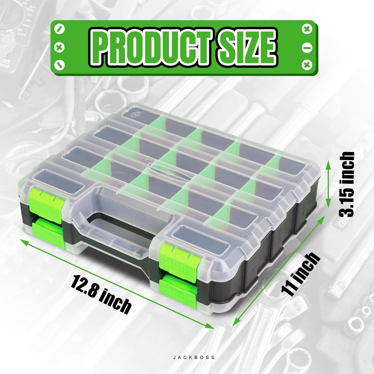 Jack Boss Tool Box with Transparent Lid, Double Side 34-Compartments Organizer Box with Removable Dividers for Hardware, Screws, Bolts, Nails, Beads, Jewelry and Fishing Accessories, Green, 2 Pack