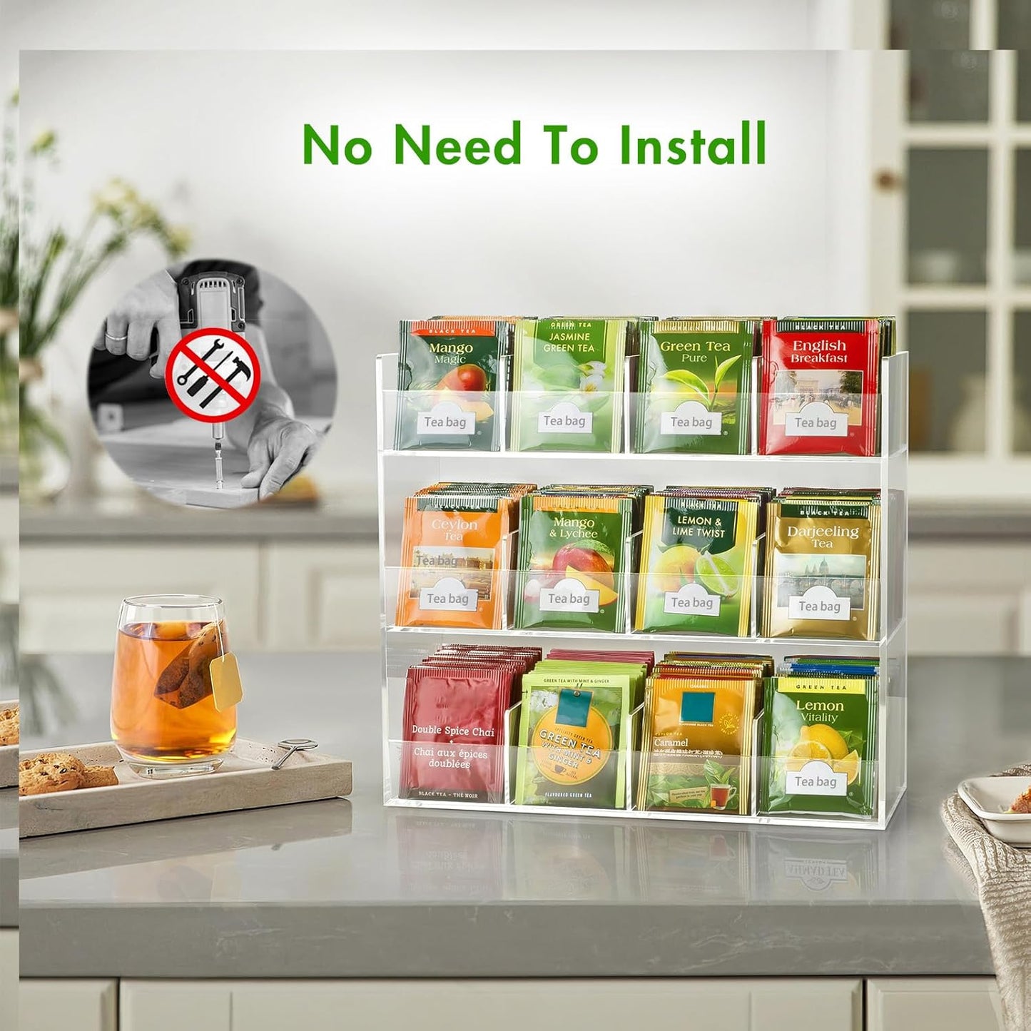 216 Packets, Countertop, BEYGORM Acrylic Tea Bag Organizer for Tea No Assembly Required, Display Holder for Vertical