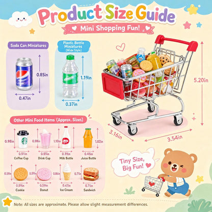 134pcs Mini Shopping Cart Basket Miniature Food Drink Bottle Supermarket Metal Handcart Toys Doll House Store Cosplay Game Dollhouse Grocery Fruit Cake Bread Party Trolley Model Dollar Bills