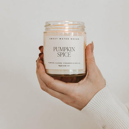 Sweet Water Decor Pumpkin Spice Candle | Pumpkin, Cinnamon, Vanilla Scents | 9oz Clear Jar Soy Candle
