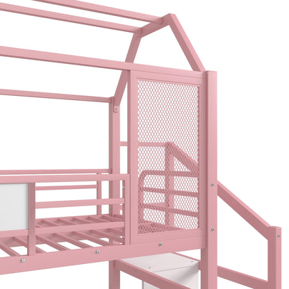 Bellemave Twin Size Metal House Loft Bed with Slide and Stairs,Heavy Duty Playhouse Loft Bed Frame with Storage Shelves for Kids,Teens,Adults,Pink
