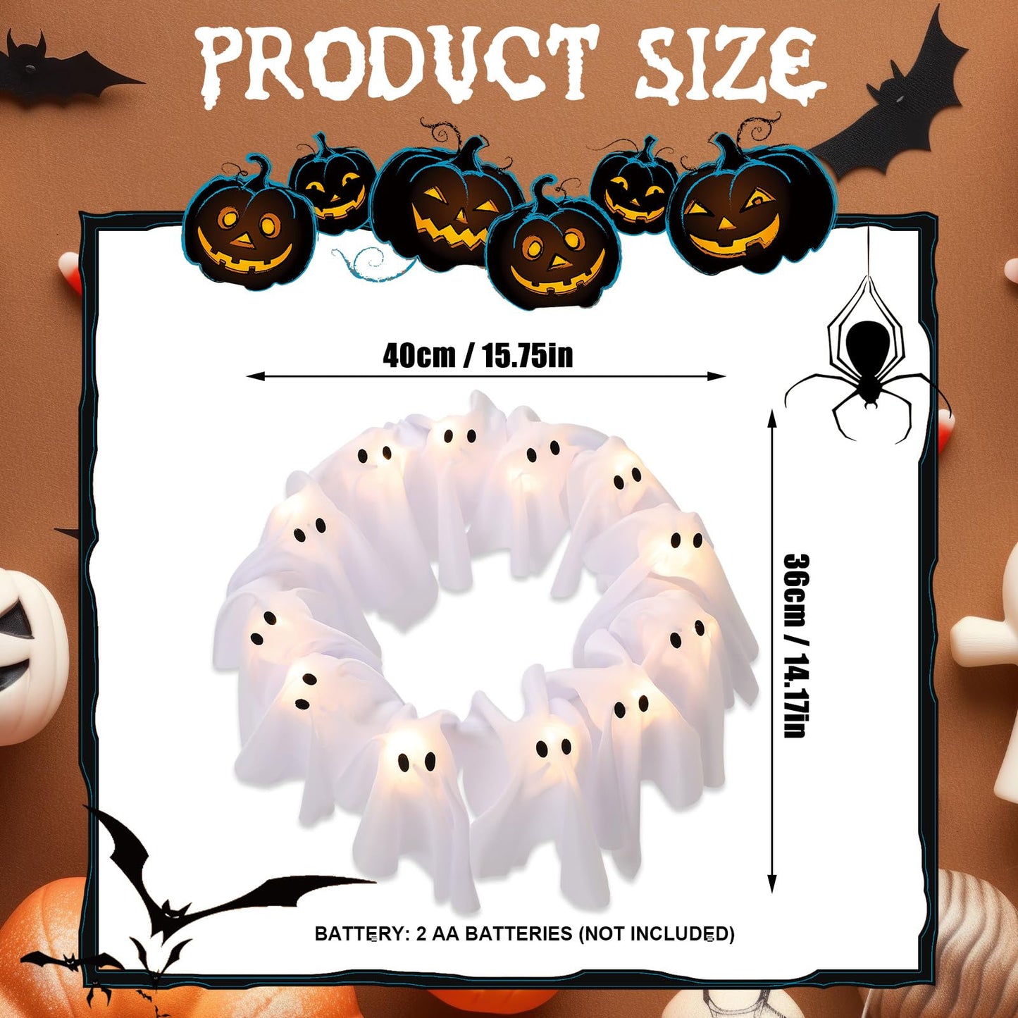 LED Light-Up Halloween Ghost Wreath, 12 Glowing White Ghost Garland, Halloween Ghost Wreath, Spooky Indoor & Outdoor Hanging Decoration for Front Door, Wall, Party
