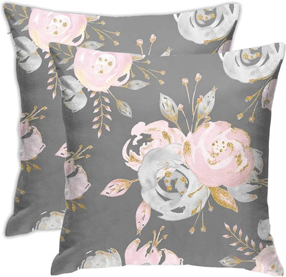 Golden Blush Roses Floral Throw Pillow Covers on Gray, Set of 2 Modern Decorative Cases 18"X18"