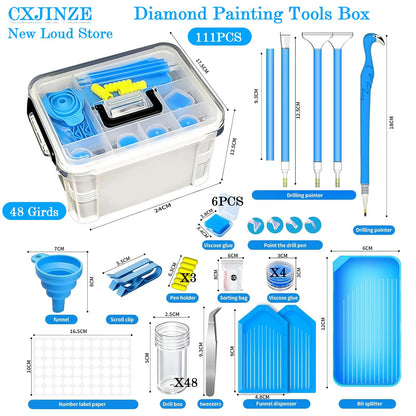 CXJINZE Diamond Painting Tools Accessories Storage-Kit 111Pcs 5D Set Portable Tool Box with Handle Craft Jewelry Bead Storage Blue Box Art Trays for Diamond Painting Accessories and Tools
